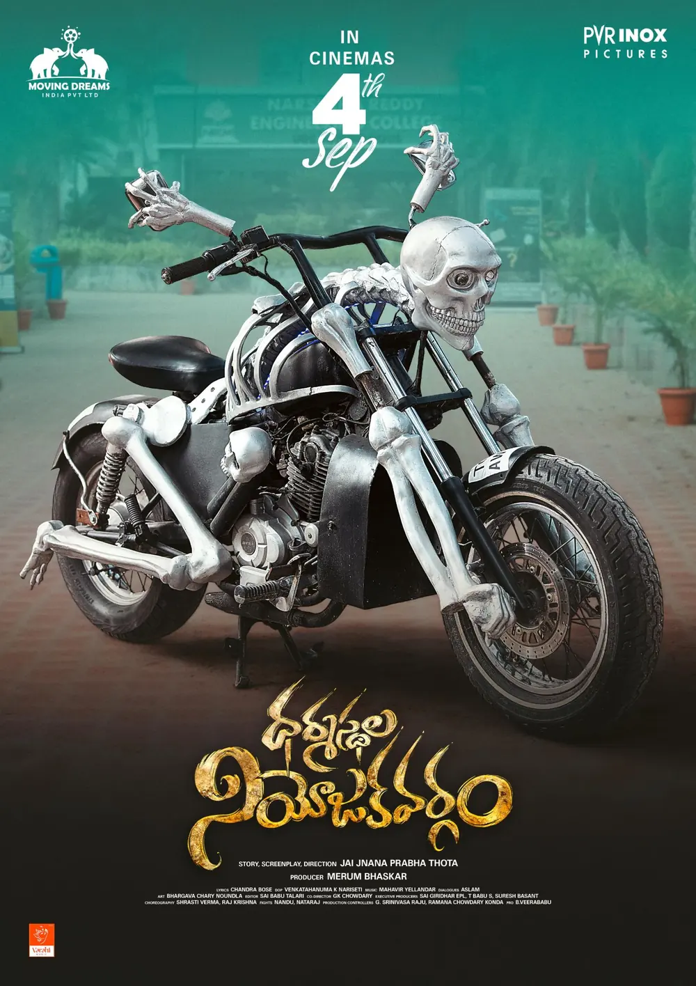Poster: a skeleton-themed motorbike on a college road