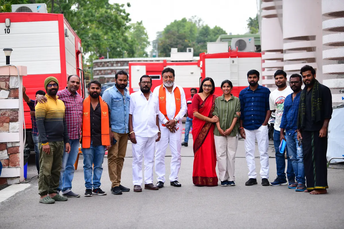 Cast and crew of Dharmasthala Niyojakavargam posing together